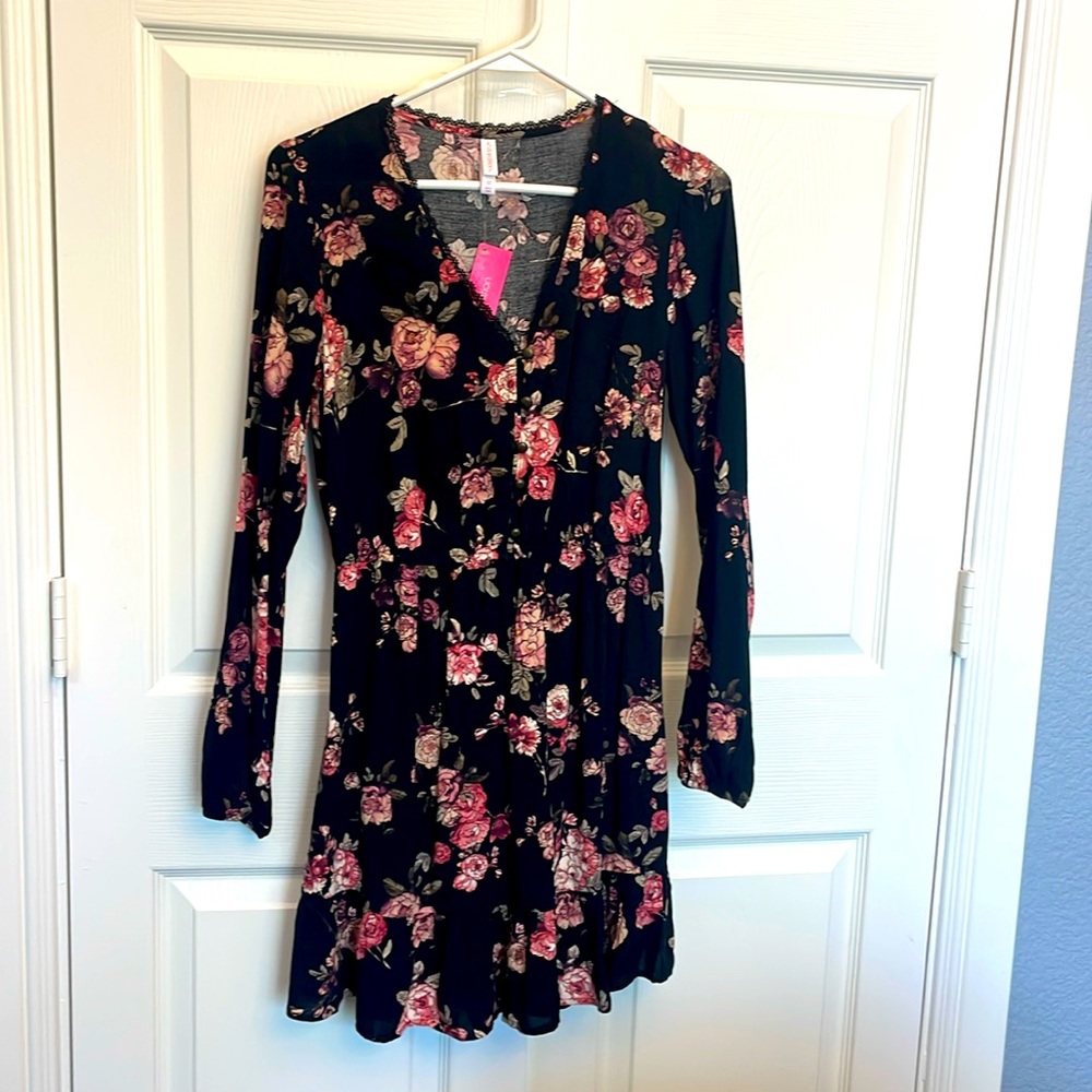 XS with tag dress, long sleeve black w/pink floral design, front button detail